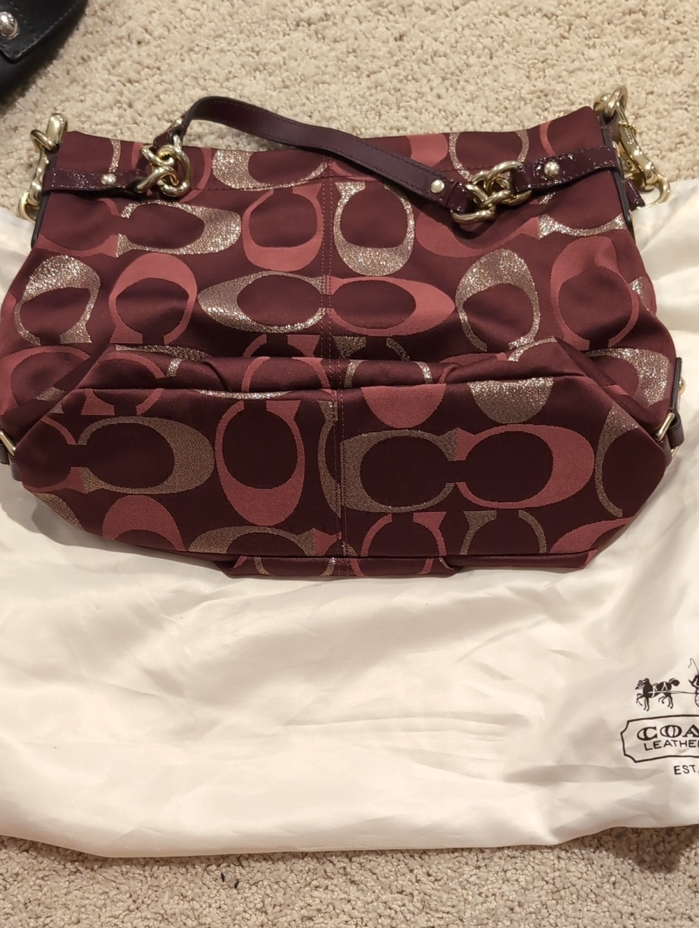 Vintage Coach Signature Jacquard Shoulder Bag in Burgundy and Rose